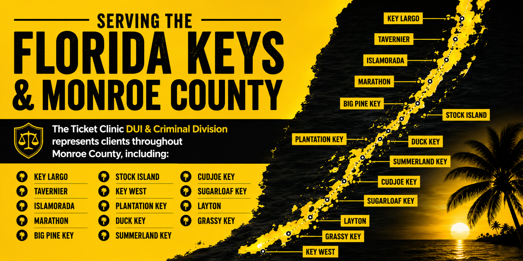 This image shows the service area for The Ticket Clinic's / Florida DUI and Criminal division within the Florida keys.